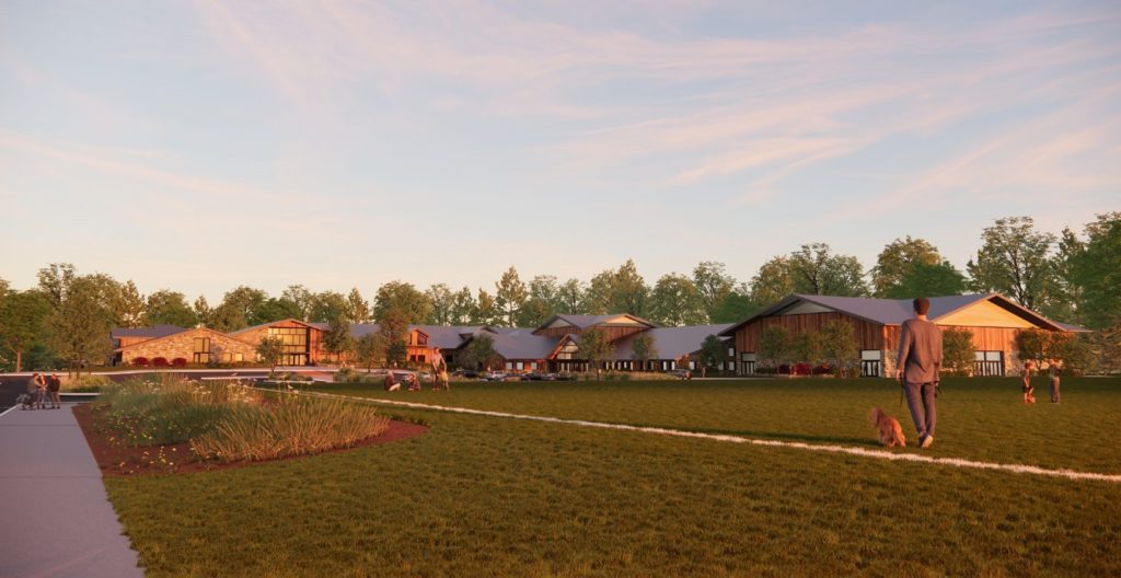 View of the Building from Athletic Fields at Dusk